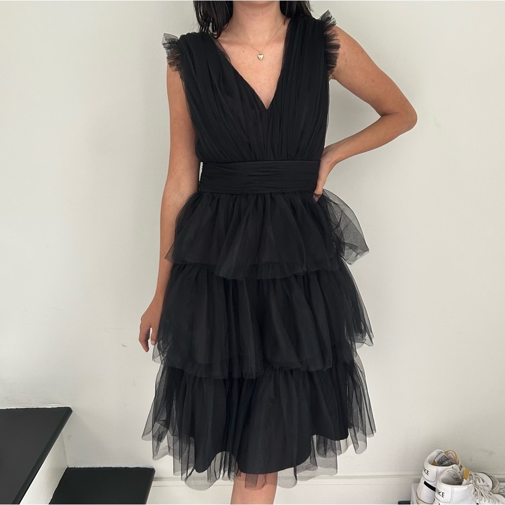 Black Cocktail Tulle V-Neck Midi Ruffle Dress / Size 4 - Picture 2 of 4